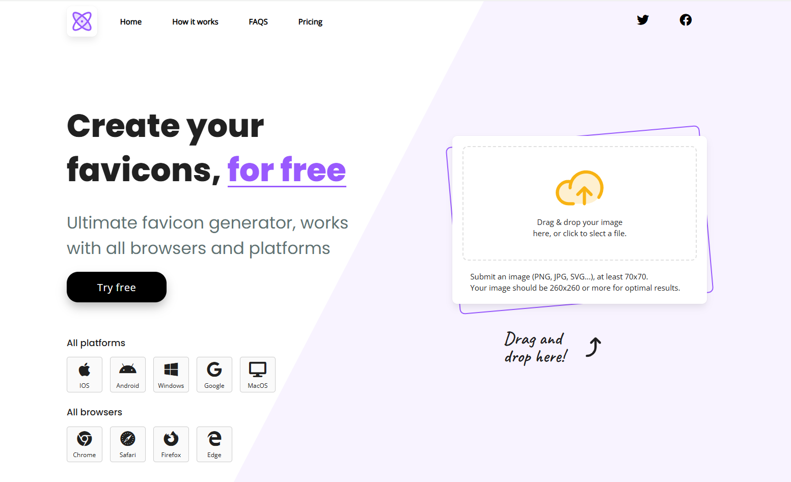 Strona główna generatora favicon z możliwością przesyłania obrazów metodą przeciągnij i upuść oraz przeglądem wsparcia platform/przeglądarek.