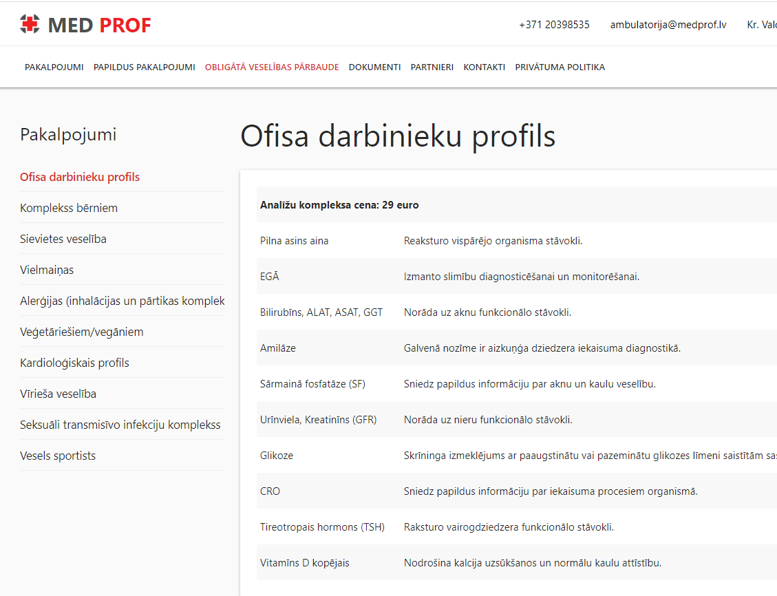 Dodatkowa strona usługi: Profil pracowników Ofisa z uporządkowanymi badaniami laboratoryjnymi i opisami.