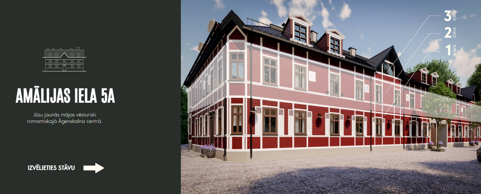 Widok strony głównej Amālijas iela 5A - historyczny i romantyczny projekt mieszkaniowy w Āgenskalns z wizualną nawigacją po piętrach.