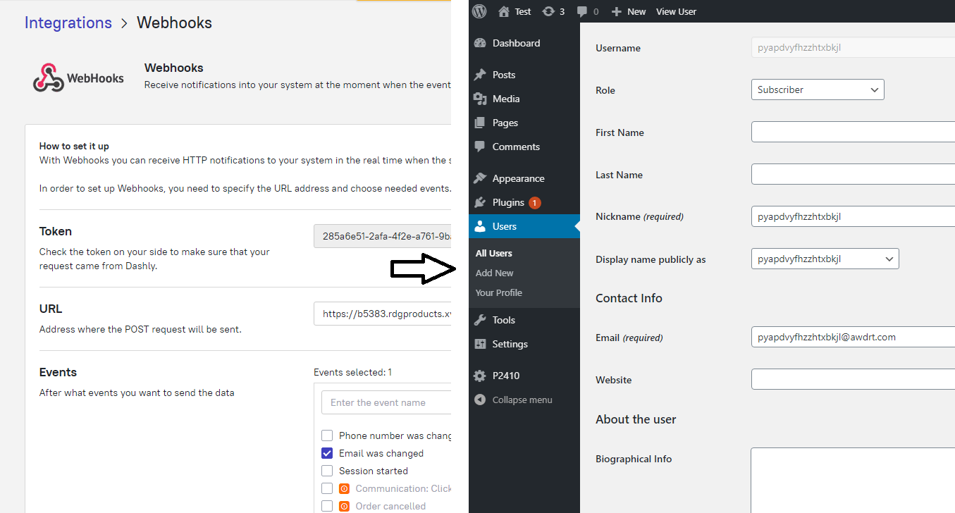 Webhook z Dashly wyzwalający automatyczne tworzenie konta WordPress – testowy użytkownik utworzony po przesłaniu e-maila w chatbot.